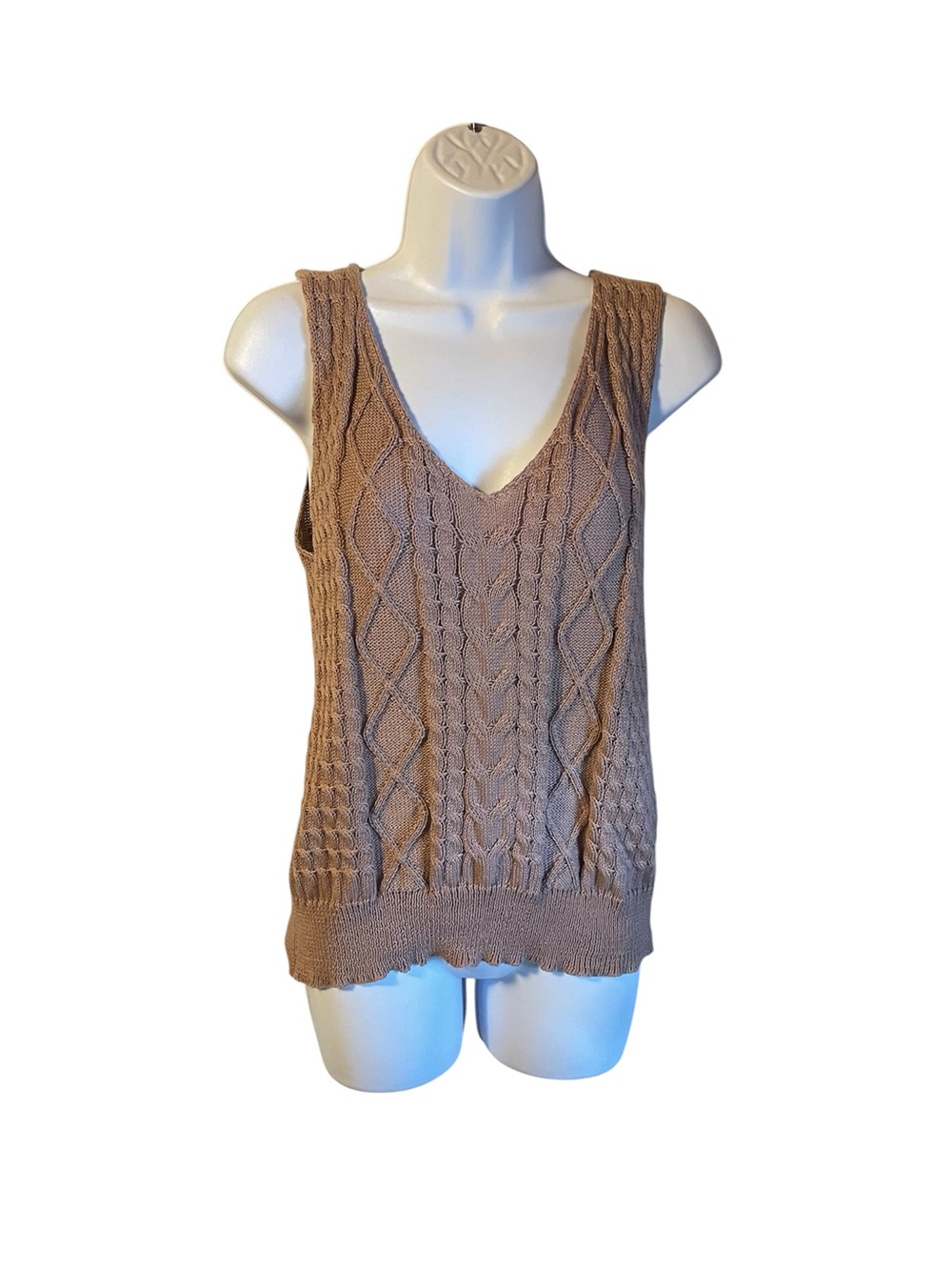 Sleeveless V-Neck Cable Knit Sweater Vest in Taupe